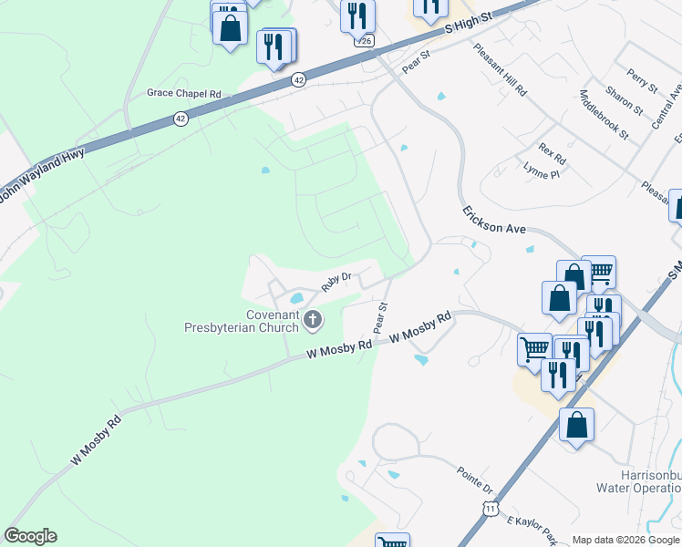 map of restaurants, bars, coffee shops, grocery stores, and more near 764 Ruby Drive in Harrisonburg
