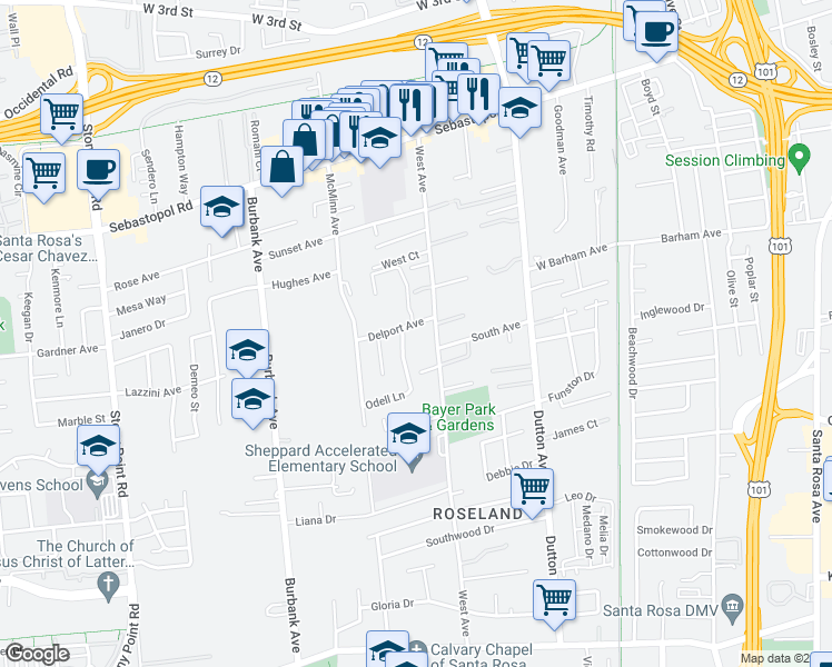 map of restaurants, bars, coffee shops, grocery stores, and more near 952 Delport Avenue in Santa Rosa