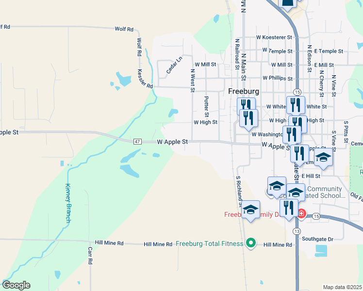 map of restaurants, bars, coffee shops, grocery stores, and more near 2 Sunset Drive in Freeburg