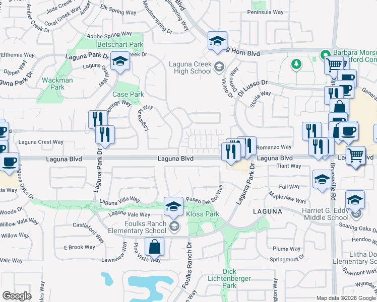 map of restaurants, bars, coffee shops, grocery stores, and more near 6318 Laguna Mirage Lane in Elk Grove
