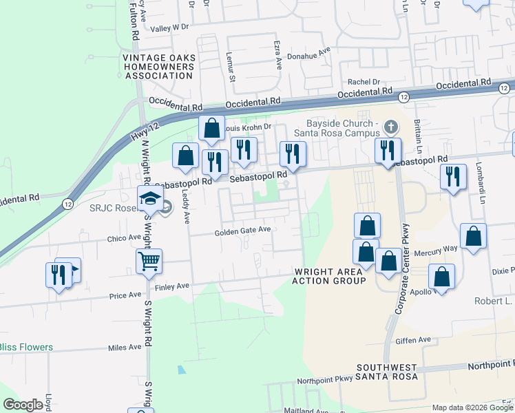 map of restaurants, bars, coffee shops, grocery stores, and more near 3962 New Zealand Avenue in Santa Rosa
