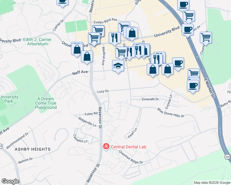 map of restaurants, bars, coffee shops, grocery stores, and more near 339 Lucy Drive in Harrisonburg
