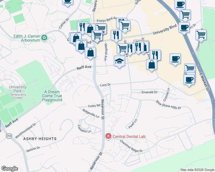 map of restaurants, bars, coffee shops, grocery stores, and more near 2109 Purple and Gold Way in Harrisonburg