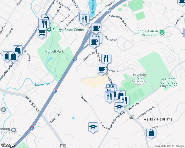 map of restaurants, bars, coffee shops, grocery stores, and more near 1366 Bradley Drive in Harrisonburg