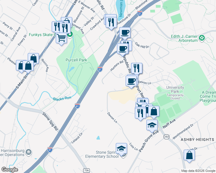 map of restaurants, bars, coffee shops, grocery stores, and more near 1380 Hunters Road in Harrisonburg