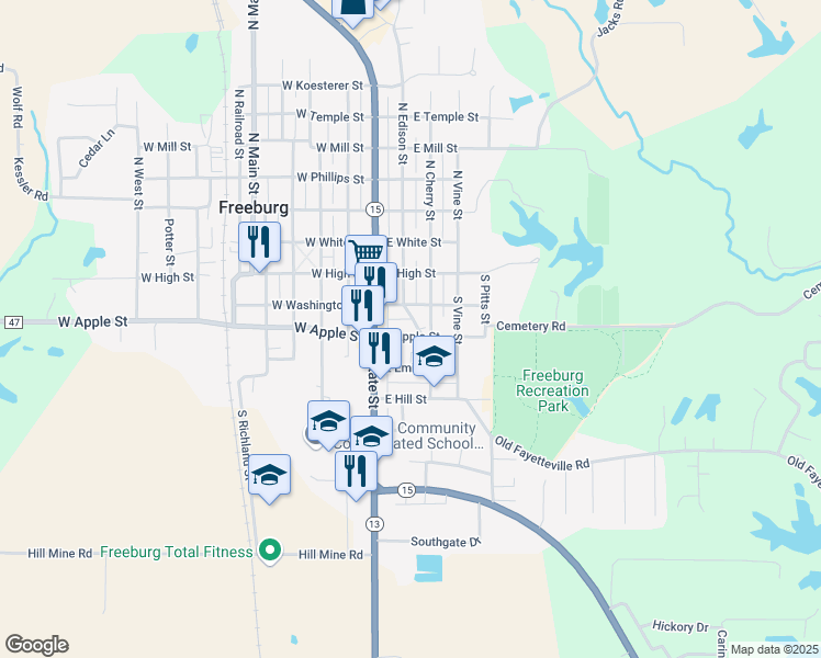 map of restaurants, bars, coffee shops, grocery stores, and more near 208 South Cherry Street in Freeburg