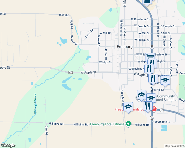 map of restaurants, bars, coffee shops, grocery stores, and more near 2 Sunset Drive in Freeburg
