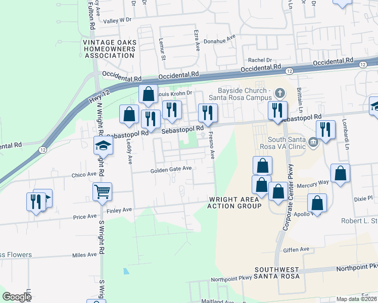 map of restaurants, bars, coffee shops, grocery stores, and more near 3962 New Zealand Avenue in Santa Rosa