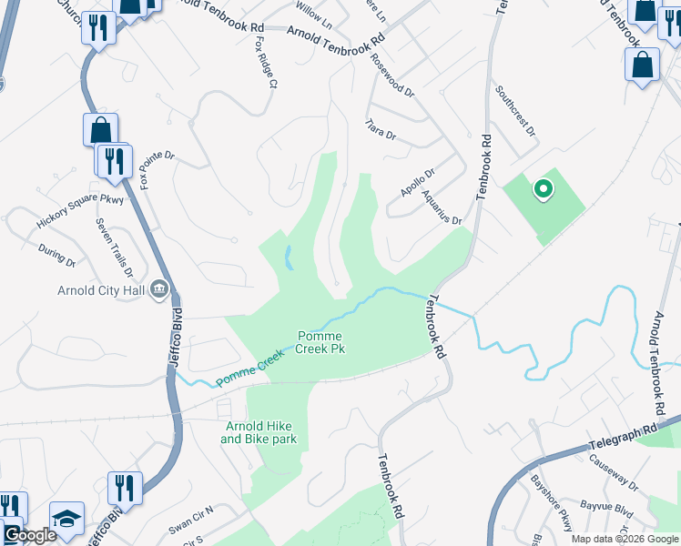 map of restaurants, bars, coffee shops, grocery stores, and more near 2816 Pomme Meadows Drive in Arnold