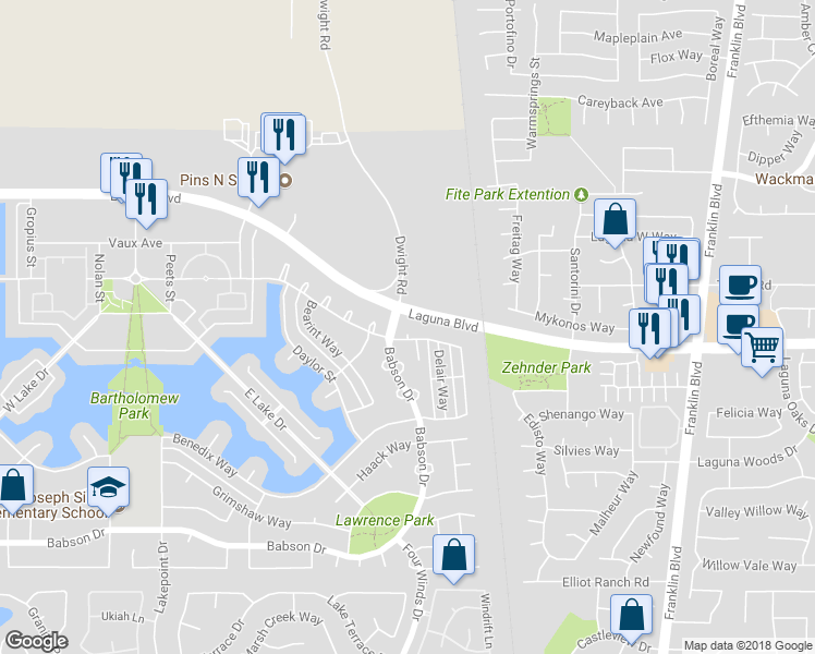 map of restaurants, bars, coffee shops, grocery stores, and more near 9181 Morristown Court in Elk Grove