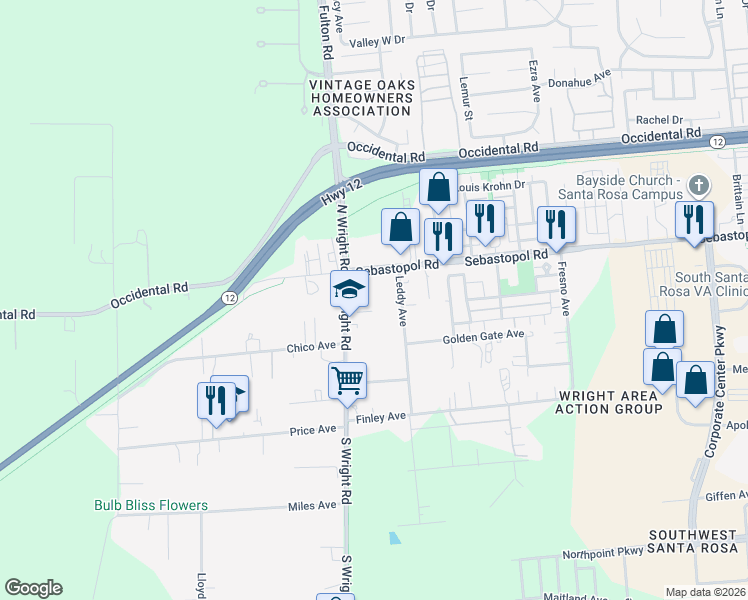 map of restaurants, bars, coffee shops, grocery stores, and more near 950 South Wright Road in Santa Rosa