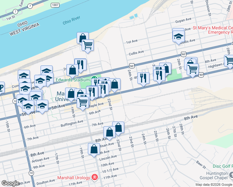 map of restaurants, bars, coffee shops, grocery stores, and more near 5th Avenue in Huntington