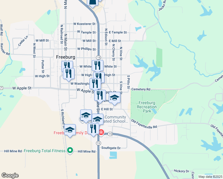 map of restaurants, bars, coffee shops, grocery stores, and more near 208 South Cherry Street in Freeburg