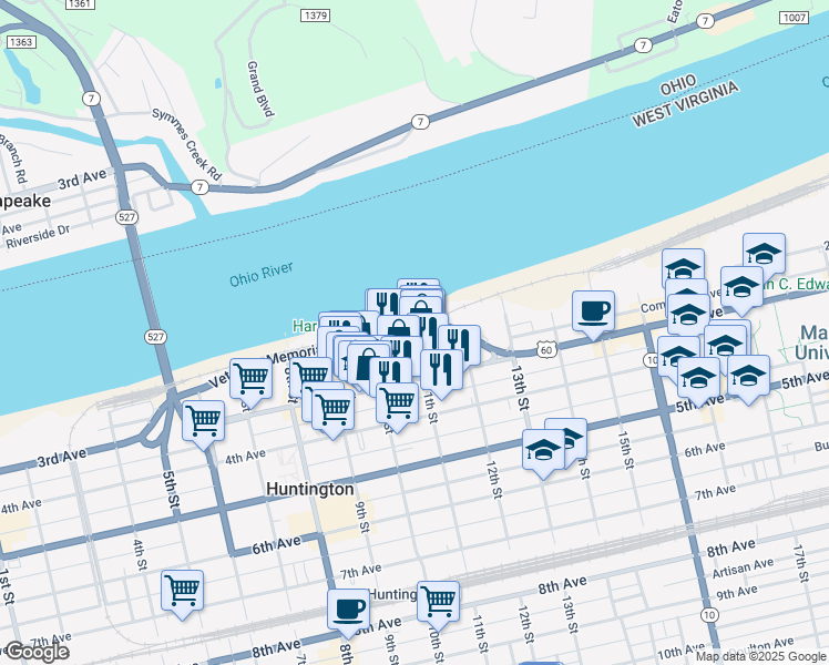 map of restaurants, bars, coffee shops, grocery stores, and more near in Huntington