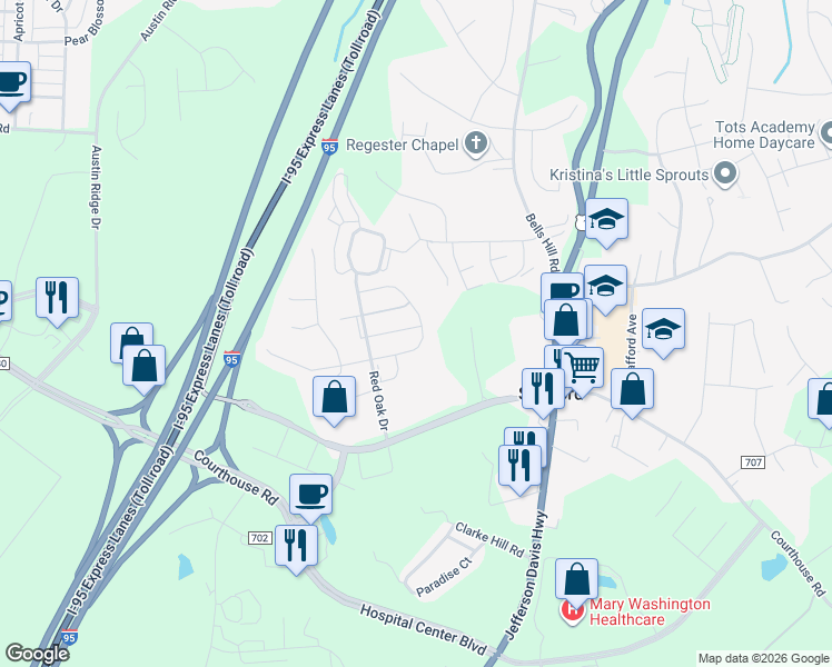 map of restaurants, bars, coffee shops, grocery stores, and more near 126 Holmes Street in Stafford