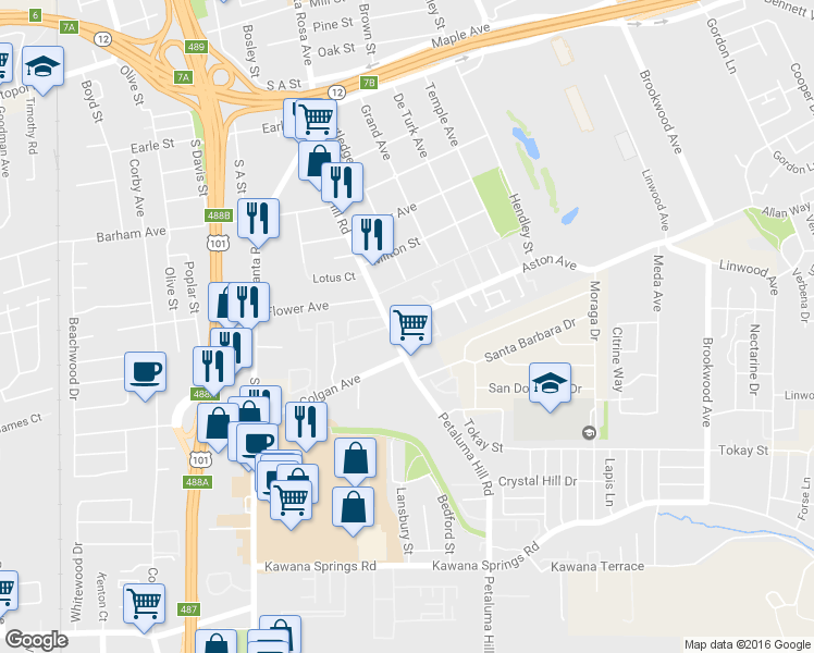 map of restaurants, bars, coffee shops, grocery stores, and more near 614 Aston Avenue in Santa Rosa