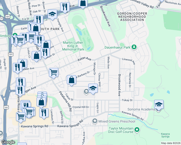 map of restaurants, bars, coffee shops, grocery stores, and more near 1105 Santa Barbara Drive in Santa Rosa