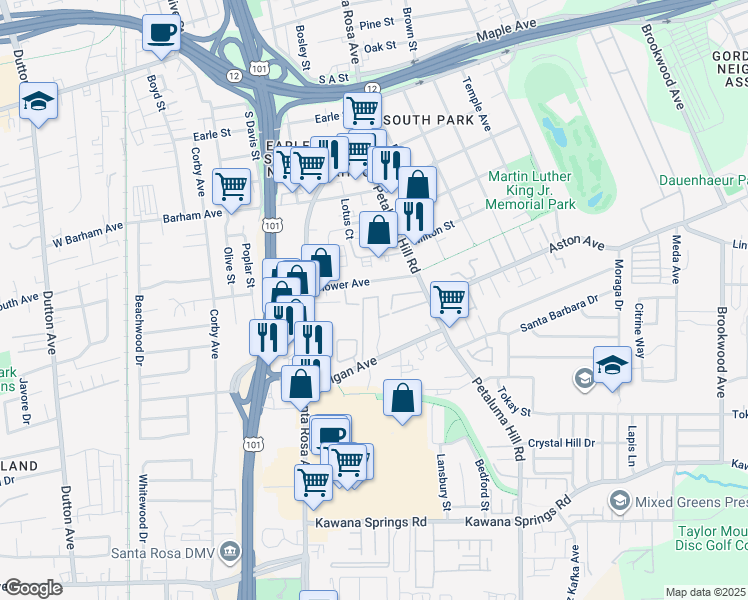 map of restaurants, bars, coffee shops, grocery stores, and more near 1551 La Esplanada Place in Santa Rosa