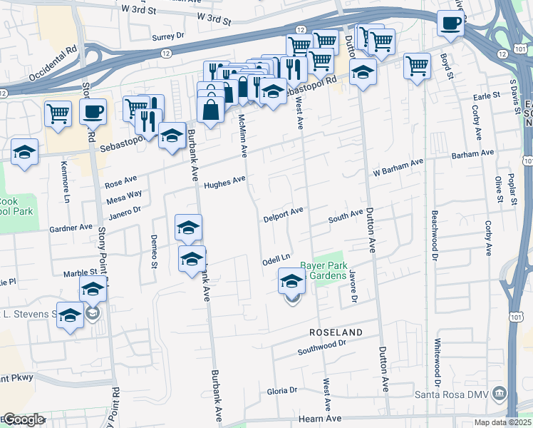 map of restaurants, bars, coffee shops, grocery stores, and more near 1281 McMinn Avenue in Santa Rosa