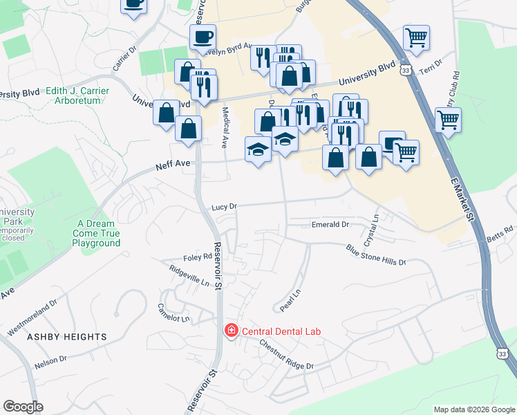 map of restaurants, bars, coffee shops, grocery stores, and more near 339 Lucy Drive in Harrisonburg