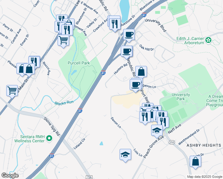 map of restaurants, bars, coffee shops, grocery stores, and more near 1380 Hunters Road in Harrisonburg