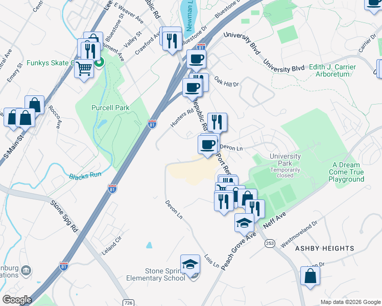 map of restaurants, bars, coffee shops, grocery stores, and more near 1372 Bradley Drive in Harrisonburg
