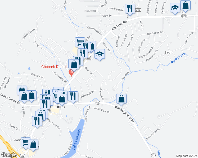 map of restaurants, bars, coffee shops, grocery stores, and more near 5132 Briar Road in Charleston