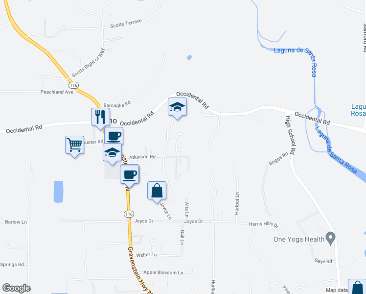 map of restaurants, bars, coffee shops, grocery stores, and more near 7671 Atkinson Road in Sebastopol