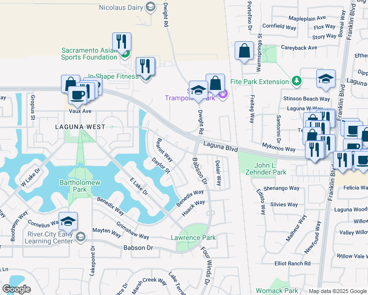 map of restaurants, bars, coffee shops, grocery stores, and more near 9168 Scruggs Court in Elk Grove