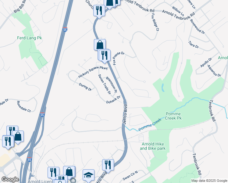 map of restaurants, bars, coffee shops, grocery stores, and more near 347 Bramtonn Place in Arnold