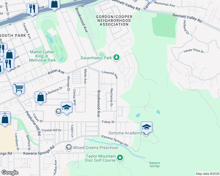 map of restaurants, bars, coffee shops, grocery stores, and more near 2155 Nectarine Drive in Santa Rosa