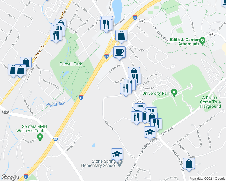 map of restaurants, bars, coffee shops, grocery stores, and more near 1434 Bradley Drive in Harrisonburg