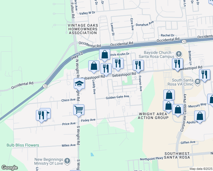 map of restaurants, bars, coffee shops, grocery stores, and more near 4037 Arthur Ashe Cir in Santa Rosa
