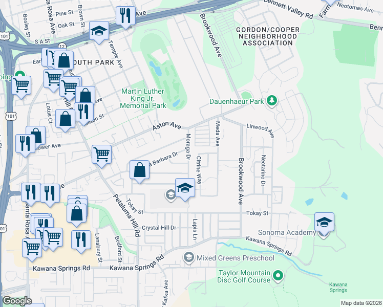 map of restaurants, bars, coffee shops, grocery stores, and more near 1718 Moraga Drive in Santa Rosa