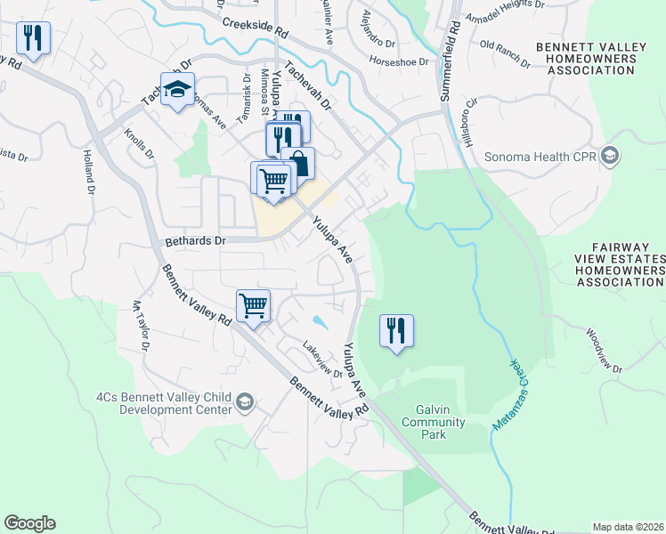map of restaurants, bars, coffee shops, grocery stores, and more near 2315 Morningside Circle in Santa Rosa