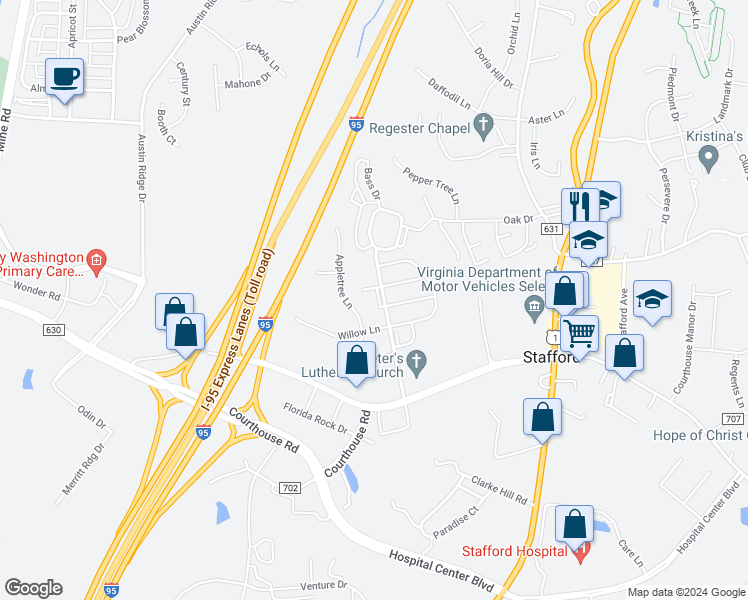 map of restaurants, bars, coffee shops, grocery stores, and more near 108 Davidson Street in Stafford