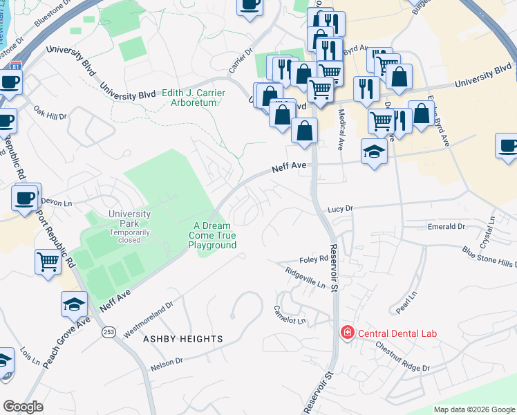 map of restaurants, bars, coffee shops, grocery stores, and more near 1941 Sunchase Drive in Harrisonburg