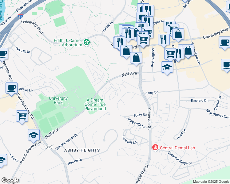 map of restaurants, bars, coffee shops, grocery stores, and more near 1941 Sunchase Drive in Harrisonburg