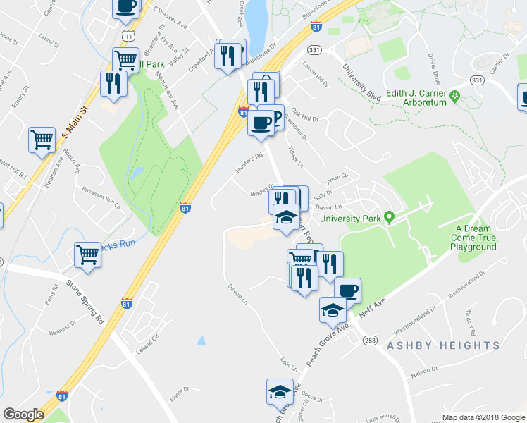 map of restaurants, bars, coffee shops, grocery stores, and more near 1366 Bradley Drive in Harrisonburg
