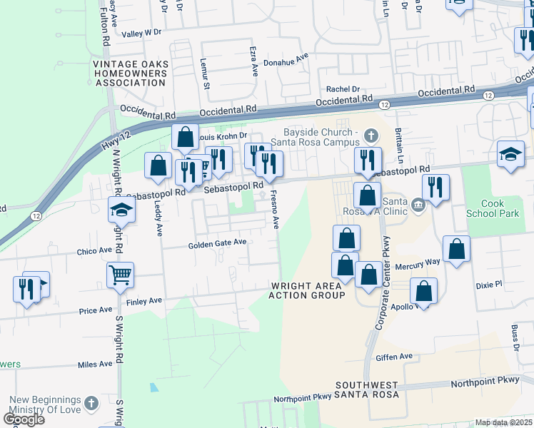 map of restaurants, bars, coffee shops, grocery stores, and more near 3912 New Zealand Avenue in Santa Rosa
