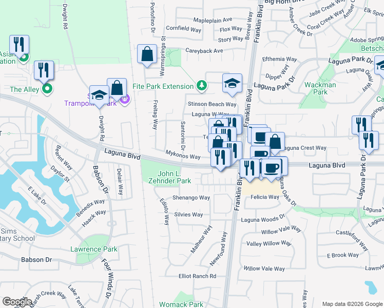 map of restaurants, bars, coffee shops, grocery stores, and more near 4513 Mykonos Way in Elk Grove