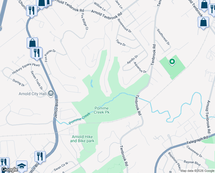 map of restaurants, bars, coffee shops, grocery stores, and more near 2816 Pomme Meadows Dr in Arnold