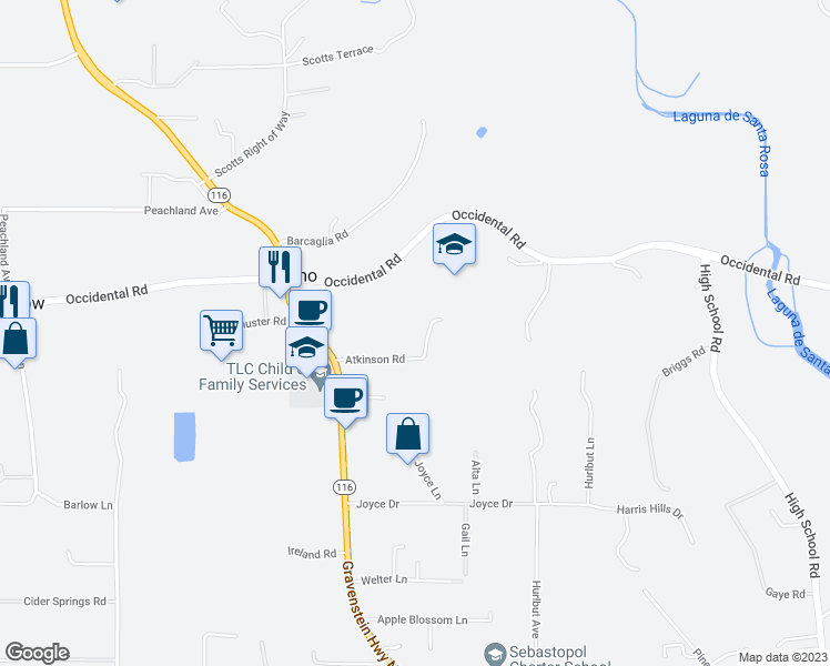 map of restaurants, bars, coffee shops, grocery stores, and more near 7670 Atkinson Road in Sebastopol