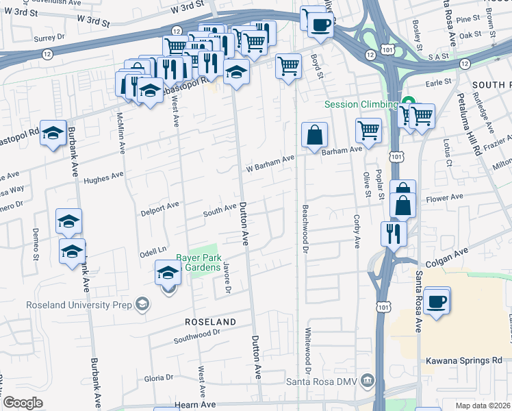 map of restaurants, bars, coffee shops, grocery stores, and more near 190 Torzelli Lane in Santa Rosa