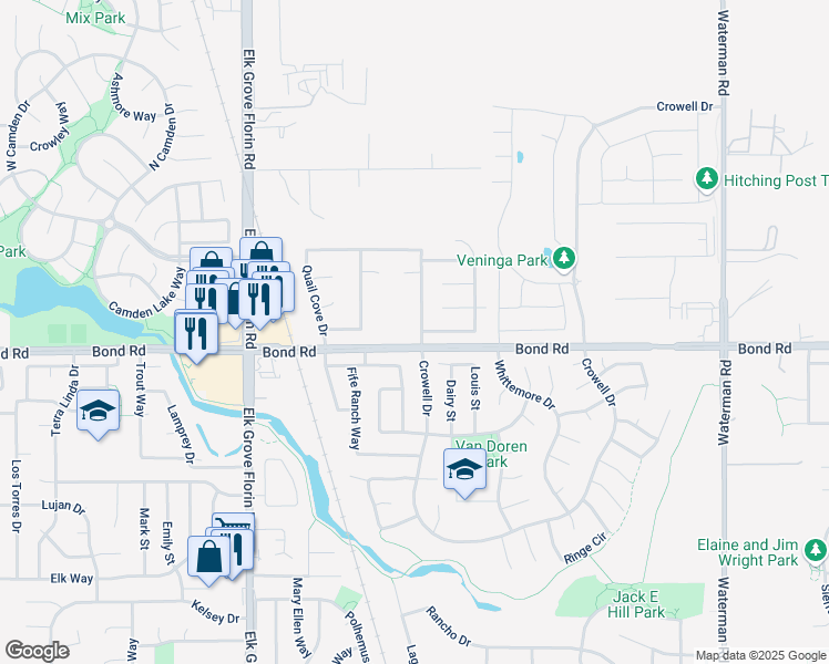 map of restaurants, bars, coffee shops, grocery stores, and more near 9188 Quail Cove Drive in Elk Grove