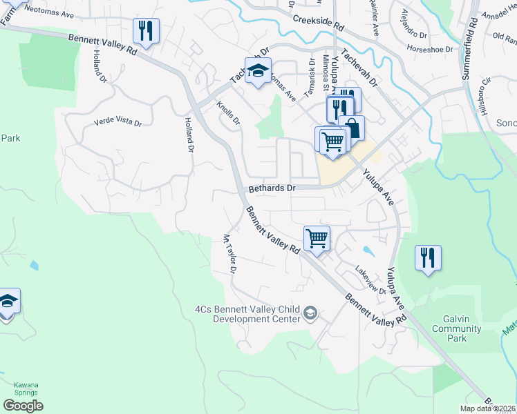 map of restaurants, bars, coffee shops, grocery stores, and more near 2163 Warwick Drive in Santa Rosa