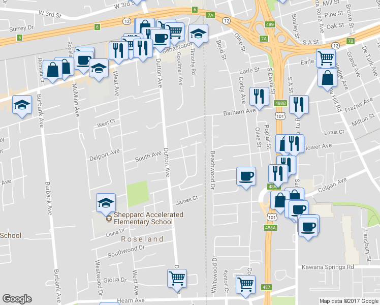 map of restaurants, bars, coffee shops, grocery stores, and more near 139 Cherie Way in Santa Rosa