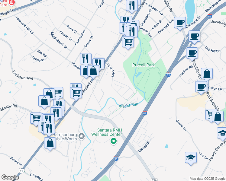 map of restaurants, bars, coffee shops, grocery stores, and more near 560 Pheasant Run Circle in Harrisonburg