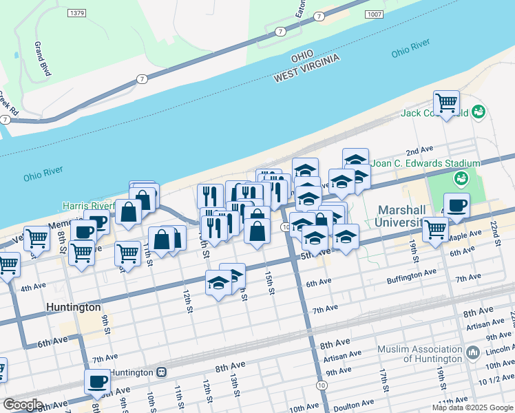 map of restaurants, bars, coffee shops, grocery stores, and more near 1502 3rd Avenue in Huntington