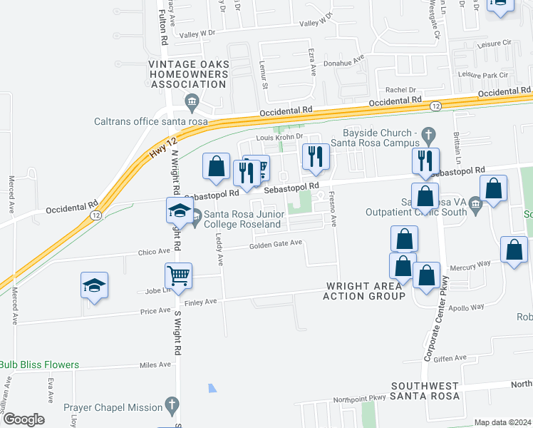 map of restaurants, bars, coffee shops, grocery stores, and more near 4061 New Zealand Avenue in Santa Rosa
